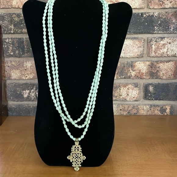 Vintage Jewelry - Akola "Dynamic Demi" Light Green Paper Pearl Gold Tone Coptic Cross Neck…